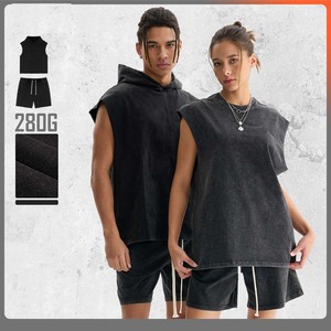 Conjunto de suéter sin mangas <span class=keywords><strong>con</strong></span> capucha de algodón retro lavado y pedrería, ecológico, de verano, al por mayor, <span class=keywords><strong>con</strong></span> pantalones cortos casuales de alta calidad - Product Image 2