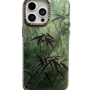 Trung Quốc phong cách tiên tiến cảm giác Electroplated màu xanh lá cây Bambo mô hình điện thoại di động trường hợp đối với iPhone 15 Pro Max 13 12 11 TPU điện thoại trường hợp