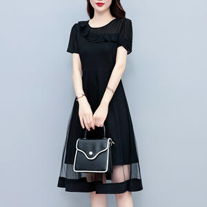 Robe mi-longue patchwork en gaze Vêtements féminins décontractés de couleur unie Col en O Robes coréennes d'été pour les trajets quotidiens - Product Image 4