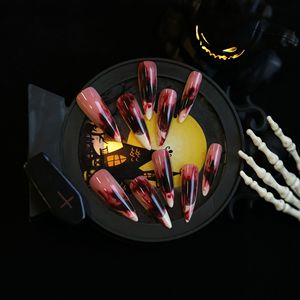 Faux ongles à presser extra longs, style stiletto, motif <span class=keywords><strong>tache</strong></span> de sang, French manucure gothique, réutilisables, amovibles, en acrylique, pour Halloween - Product Image 3