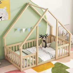 Mobilier pour enfants <span class=keywords><strong>Lit</strong></span> en bois massif en forme de maison <span class=keywords><strong>Lit</strong></span> <span class=keywords><strong>tipi</strong></span> pour tout-petits avec garde-corps - Product Image 1