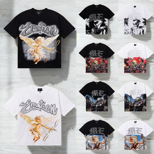 T-shirt da uomo di alta qualità 100% cotone 250GSM, modello misto EMOTION, stile retrò, vestibilità ampia, con stampa vintage Angelo Graffiti e strass - Product Image 1