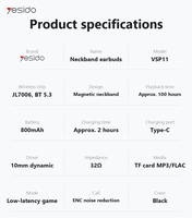 Yesido BT 5.3 Earbud Nirkabel Magnetik Leher dengan Driver Dinamis 10mm, Headphone Leher dengan Kartu TF MP3, Daya Tahan Baterai 100 Jam untuk Olahraga VSP11