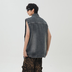 Gilet <span class=keywords><strong>en</strong></span> <span class=keywords><strong>jean</strong></span> décontracté unisexe style rétro américain pour l'été, coupe ample, grandes poches, logo, polyvalent, <span class=keywords><strong>sans</strong></span> manches, col <span class=keywords><strong>en</strong></span> V, effet délavé - Product Image 2