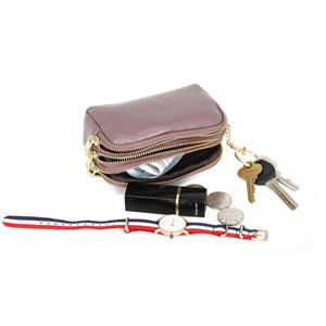 Bolso de mano pequeño de piel de vaca para mujer, monedero sencillo y moderno con tres cremalleras, tarjetero, cartera corta de cuero genuino de vaca - Product Image 4