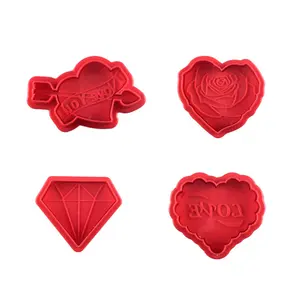 Hot Sale Valentine's Day Cookie Mold Rose Heart Diamond Baking Cake Decorated tools 4pcs Set Plastic Pressing Cutter
