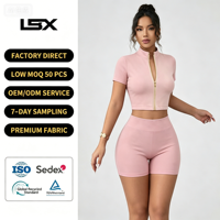 Ensemble de sport 2 pièces pour femme : Crop top à manches courtes et col en V, short cycliste taille haute, bandeau assorti – Respirant, Spandex/Nylon