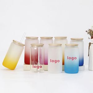 Gobelet en verre à sublimation avec couvercle en bambou et paille, personnalisable avec logo, coloré, mignon, motif ours givré, vierge pour sublimation - Product Image 1