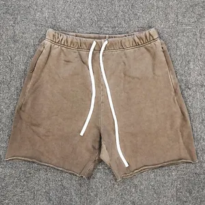 2024 Summer Custom Streetwear Acid Washed Jogger Shorts Cotton Vintage Distressed Elastic Raw Hew Cut Edge Shorts For Men