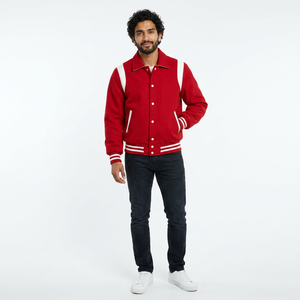 Mens <b>Red</b> Varsity <b>Jacket</b> Stand White Contrast Panels Cuffs Hem Covered Button Front Custom Outerwear <b>Waterproof</b> Knitted 100% - Product Image 1