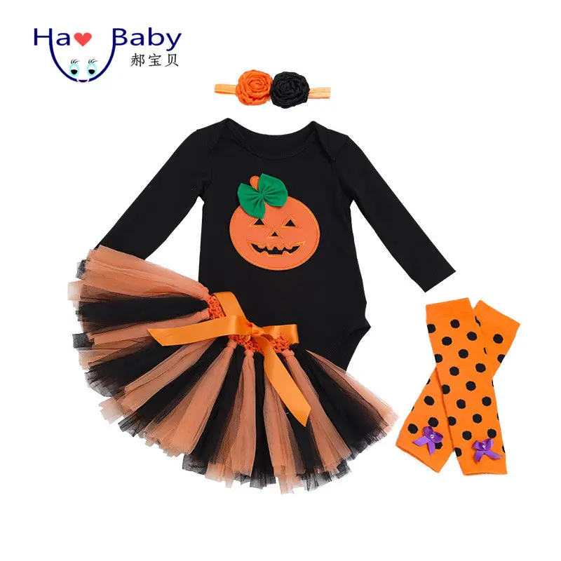 Hao Baby 2019 Nieuwe Halloween Afdrukken Kinderkleding Lange Mouw Zwarte Jurk Handgemaakte Rok Onesie Vier Stuk Meisje romper
