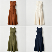 Robe longue trapèze décontractée pour femme, col rond, sans manches, boutonnée sur le devant, fente à l'ourlet, avec poches, idéale pour les vacances et les soirées – Nouvelle collection très prisée