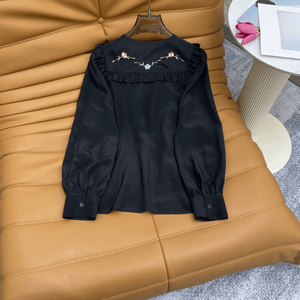 Blusa de Mujer con Cuello con Volantes, Bordada, Manga Larga, Lazo, Botones, Estilo Casual - Product Image 2