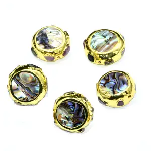 Big Size Gold Plating Rainbow Abalone Shell Natural Tourmaline Clay Paved Round Coin Beads