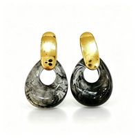 Boucles d'oreilles pendantes ovales, bague dôme assortie, bracelet convexe - Ensemble de bijoux en résine marbrée noire, alliage plaqué or 18 carats, métaux mixtes, idéal pour un cadeau
