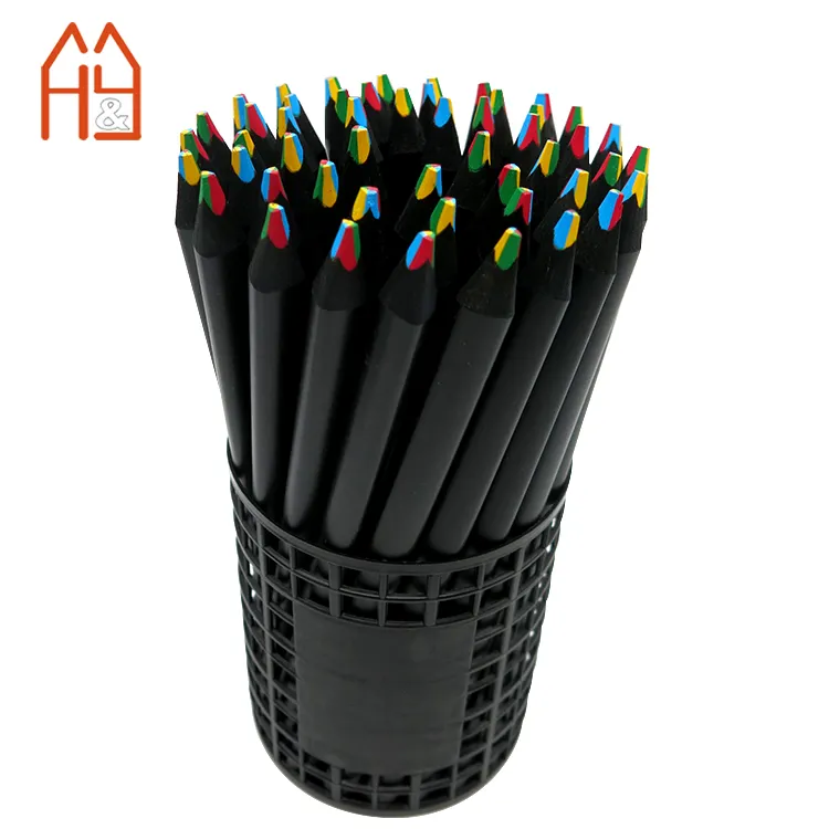 Jumbo siyah gökkuşağı karışık renkli kurşun kalem üçgen siyah ahşap kalem (50 adet)