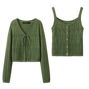 La Chouette Women's Green Knitted Two-Piece Set V-Neck <b>Cardigan</b> And Camisole <b>Spring</b> 2025 Loose Fit Anti-Pilling - Product Image 1