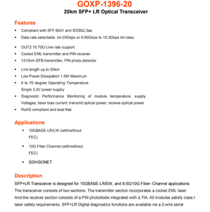 GOXP 1396 20 HP โมดูลรับส่งสัญญาณแสง 10G SFP+ ที่ใช้งานร่วมกันได้ 1310nm 20KM ไฟเบอร์โหมดเดี่ยว ขั้วต่อ DDM LC - Product Image 4