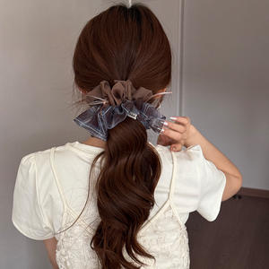 한국 스타일 카레 컬러 메쉬 플래드 보우 대형 헤어 링 여성용 레트로 수제 고탄성 웨딩 헤어 장식 - Product Image 4