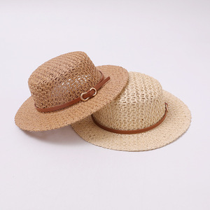 <span class=keywords><strong>Sombrero</strong></span> de Paja Panamá Retro para Niños, Transpirable, Tejido Calado, Parte Superior Plana con Hebilla, Estilo Británico, Protección Solar, <span class=keywords><strong>Sombrero</strong></span> de Playa para Verano - Product Image 1