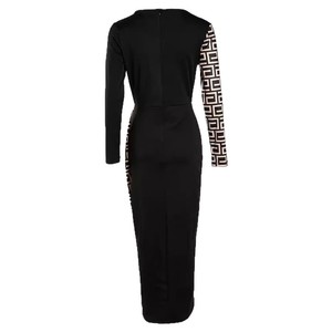Conjunto de Falda Midi de Cintura Alta, Vestido Negro Ajustado de Manga Larga con Cuello en V y Diseño de Paneles para Oficina - Product Image 5