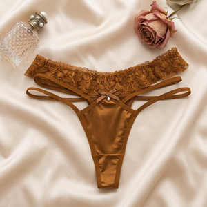 Tanga de satén con encaje para mujer, ropa interior íntima, color liso, tiras cruzadas laterales, tiro bajo, bragas sexys, elegantes bragas tipo T-back al por mayor - Product Image 4