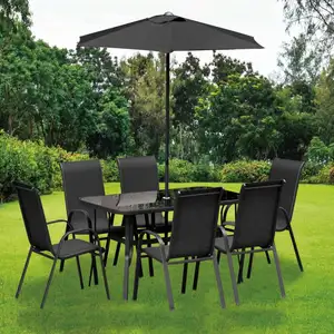 Promosyon açık veranda yemek masası ve 6 istiflenebilir sandalyeler mobilya seti şemsiye