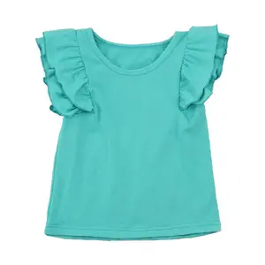 부티크 키즈 플러터 슬리브 셔츠 소녀 프릴 탑 최신 디자인 소녀 O 넥 탑 솔리드 컬러 소녀 T 셔츠