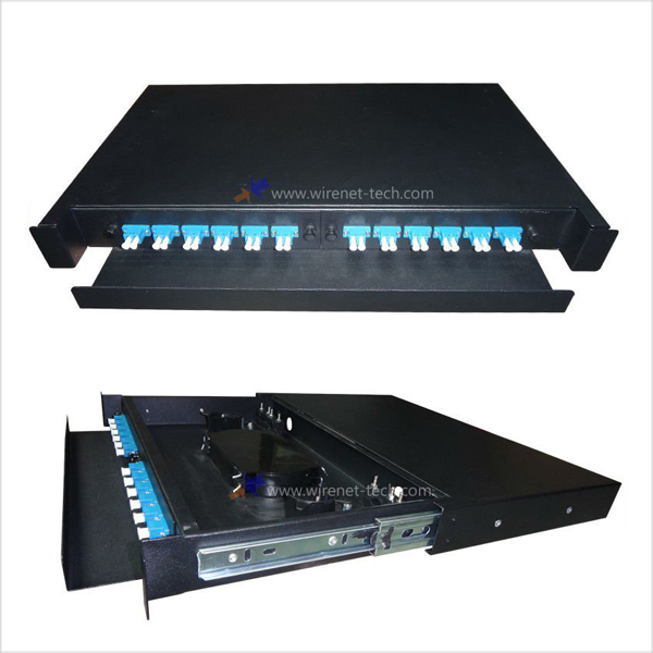 1U 24 Port Rack Mount Sliding Fiber Optic Patch Panel with LC Adapter