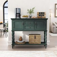 Table console en bois avec 2 tiroirs et 2 armoires à portes, rangement ouvert, étroite, longue, pour salon, hall d'entrée, couloir, vert non éclairé