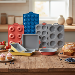 Ensemble de moules à gâteau en acier au carbone écologique antiadhésif avec poignée en silicone, épaisseur 0,6 mm, élégant, fonctionnel, compatible lave-vaisselle et four - Product Image 1