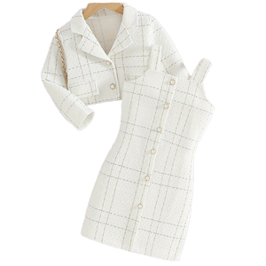 Set Elegante con <span class=keywords><strong>Blazer</strong></span> a Quadri <span class=keywords><strong>Bianco</strong></span> e Abito Senza Maniche, Giacca a Maniche Corte, Completo per Bambine 3-10 Anni - Product Image 1