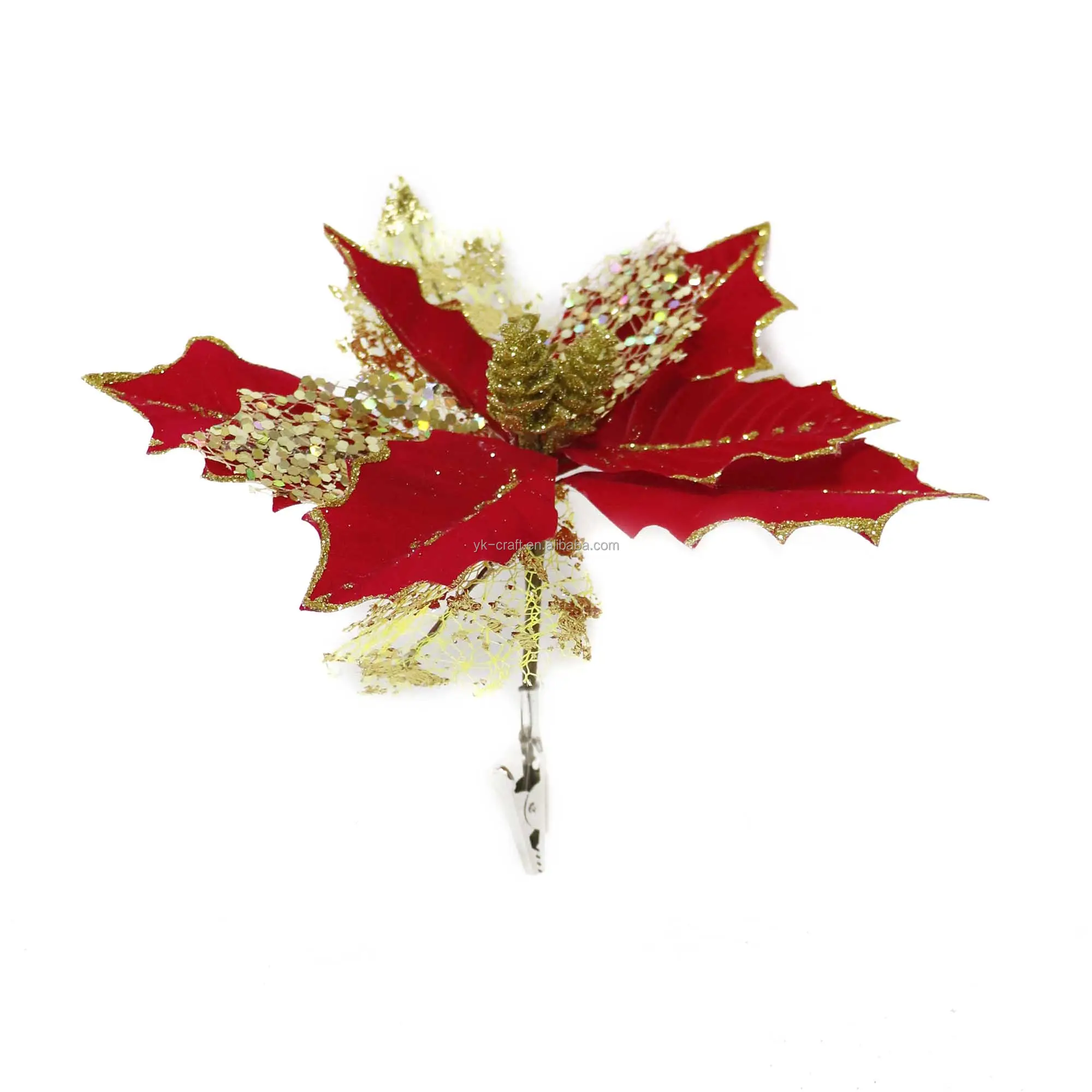 2024 Handmade Poinsettia Flowers Clips Plastic Pine Cone Stamen Flowers Clip Artificial Red Gold Clip Decor