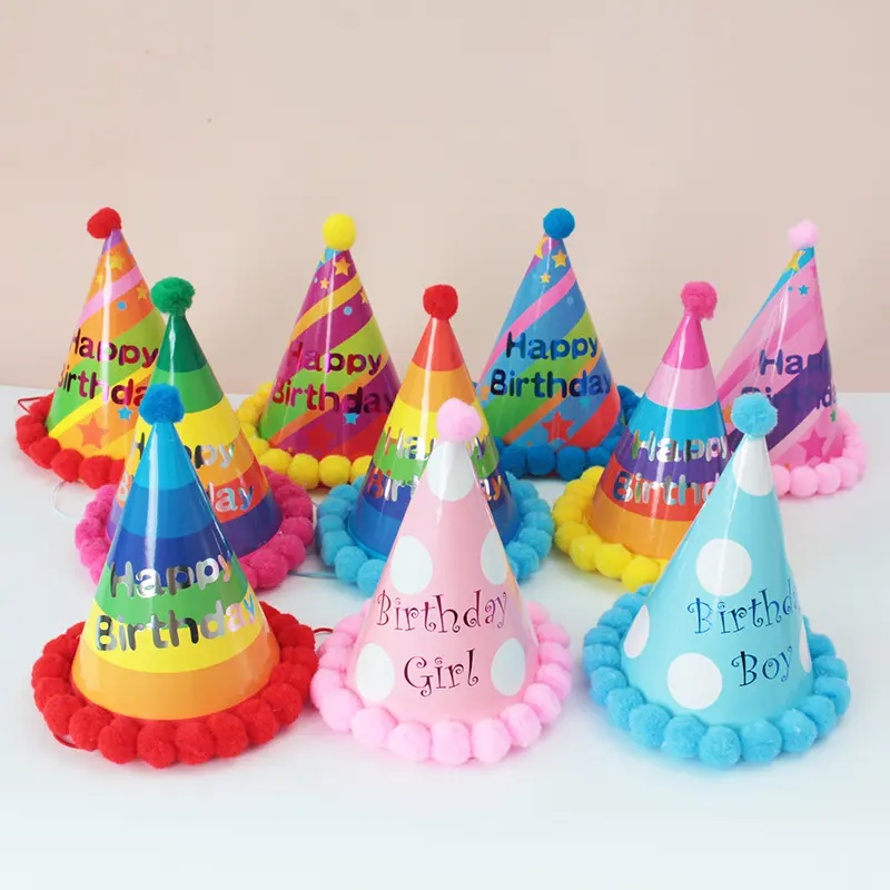 Fabrik Hot Sale Kinder alles Gute zum Geburtstag Party Hut Plüsch Ball Tapered Geburtstag Papier Hut Großhandel