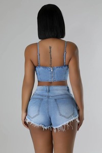 Großhandel Kleidung Sommer Pearl Crop Tank Top 2-teiliges Set Mode Strass zweiteilige Jeans shorts Sets Frauen - Product Image 5