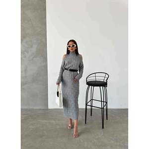Vestido de Punto con Cinturón 1504 - Gris - Product Image 1
