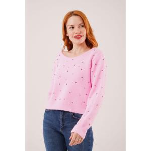 Pull rose dos nu pour femme avec strass, manches longues, style Y2K, tricot anti-boulochage - Product Image 3