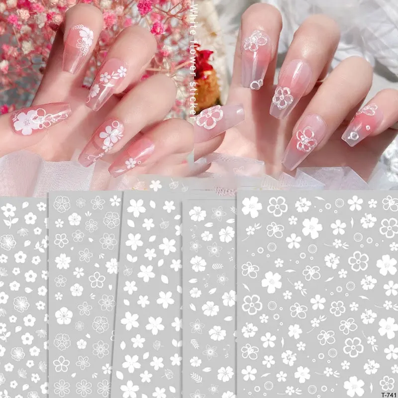 Paso Sico Spring White Flowers Decal Popular Design 3D Bride Manicure Decoration Nail Art Sticker for DIY