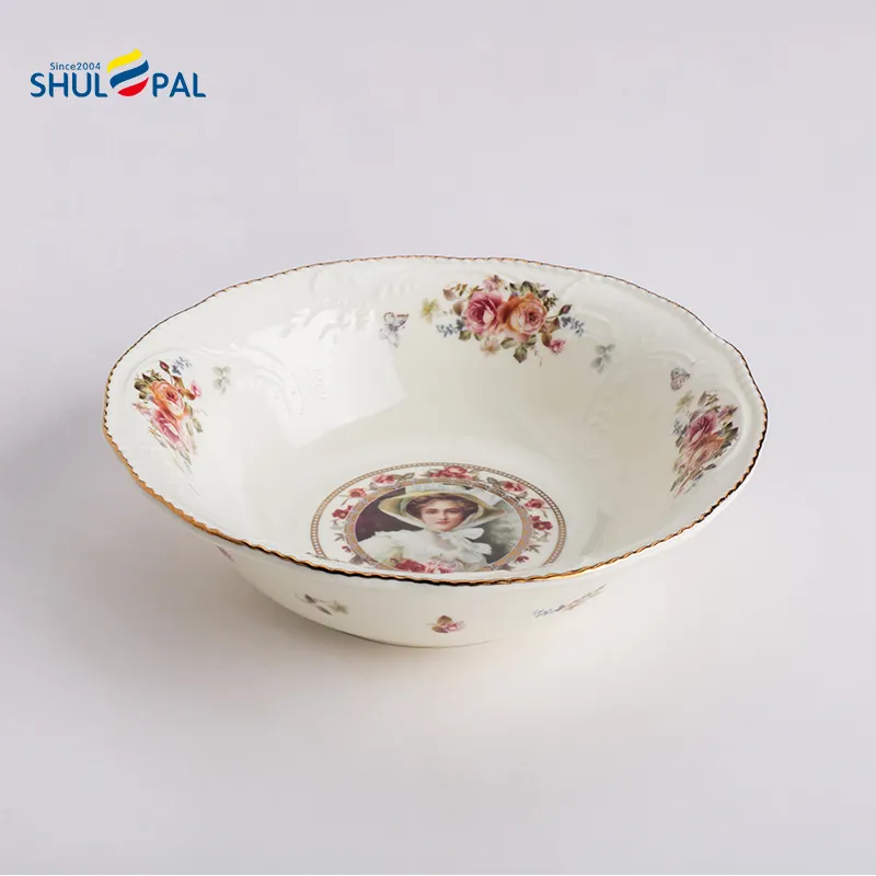 Royal Set Peralatan Makan Keramik Antik, Mangkuk Salad 6.5 "Porselen Gading dengan Pinggiran Emas