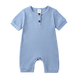 Romper bergaris bayi laki-laki, Jumpsuit dasar rajut leher kru kancing lengan pendek warna solid anak perempuan - Product Image 5