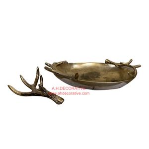 Antique Gold Top Quality Decorating Aluminum Food Serving Bowl With Antler Handles & Stand Base - Product Image 1
