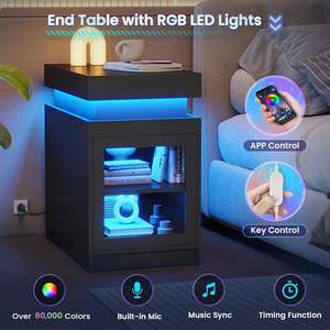 <strong>Black</strong> <strong>Narrow</strong> Side <strong>Table</strong> Sliding Top Storage Shelves and LED Lights End <strong>Table</strong> with Charging Station - Product Image 5