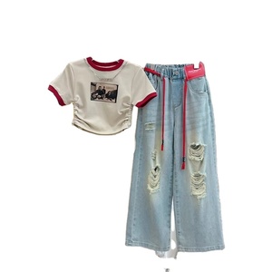Completi Estivi per Bambine 2026: Nuovi Set <span class=keywords><strong>Trendy</strong></span> per Bambini Grandi, Jeans a Gamba Larga Stile Street con Camicie a Maniche Corte - Product Image 1