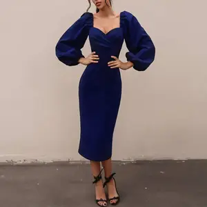 Women Club Dress Elegant Puff Long Sleeve Midi Dress Navy Blue Bodycon Crotchet Dresses