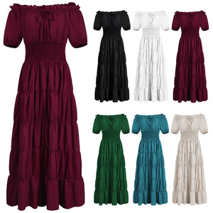 Vestido Largo Medieval Renacentista para Mujer, Disfraz para Representaciones Escénicas, Cosplay, Juego de Roles, Color Vino Tinto, Negro y Blanco - Product Image 1