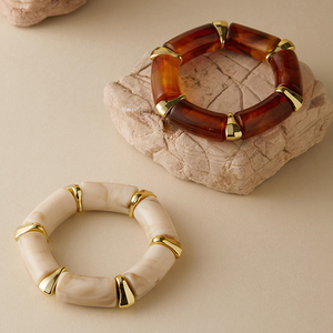 Bracelet extensible en perles acryliques géométriques pour femme - Motif marbré tourbillonnant, <span class=keywords><strong>accent</strong></span> doré, bracelet élastique pour style bohème et usage quotidien - Product Image 3