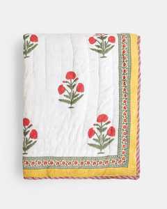 Handmade Red Poppy Floral Cotton <b>Quilt</b> Reversible Block Print <b>Bedspread</b> Soft Lightweight Bedding - Product Image 3