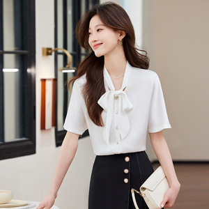 Women's Short Sleeve Chiffon Blouse Solid Color French Bow Top Office Wear Elegant Wrap And Tie Shirt - Product Image 2