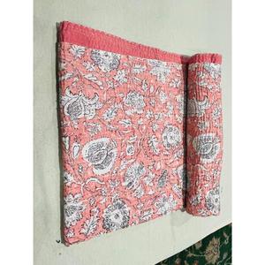 Traditional Kantha Cotton <b>Quilt</b> Bedspread With Hand Block Printed Motifs And Layered Texture <b>For</b> Warm Comfortable <b>Bedding</b> - Product Image 1