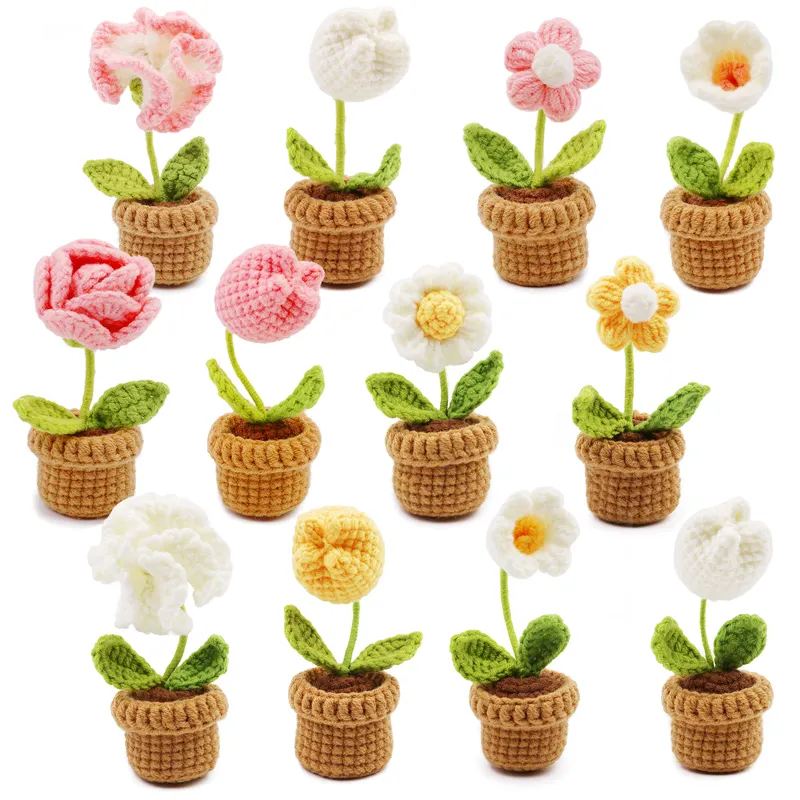 Fábrica atacado kit crochet tricô flores pacote material pode fazer 12 vasos de plantas crochet kit para iniciantes